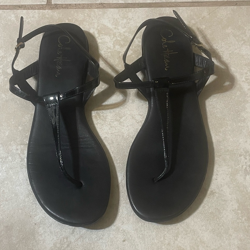 Cole Haan Black Patent T-Strap Ankle Buckle Sandals